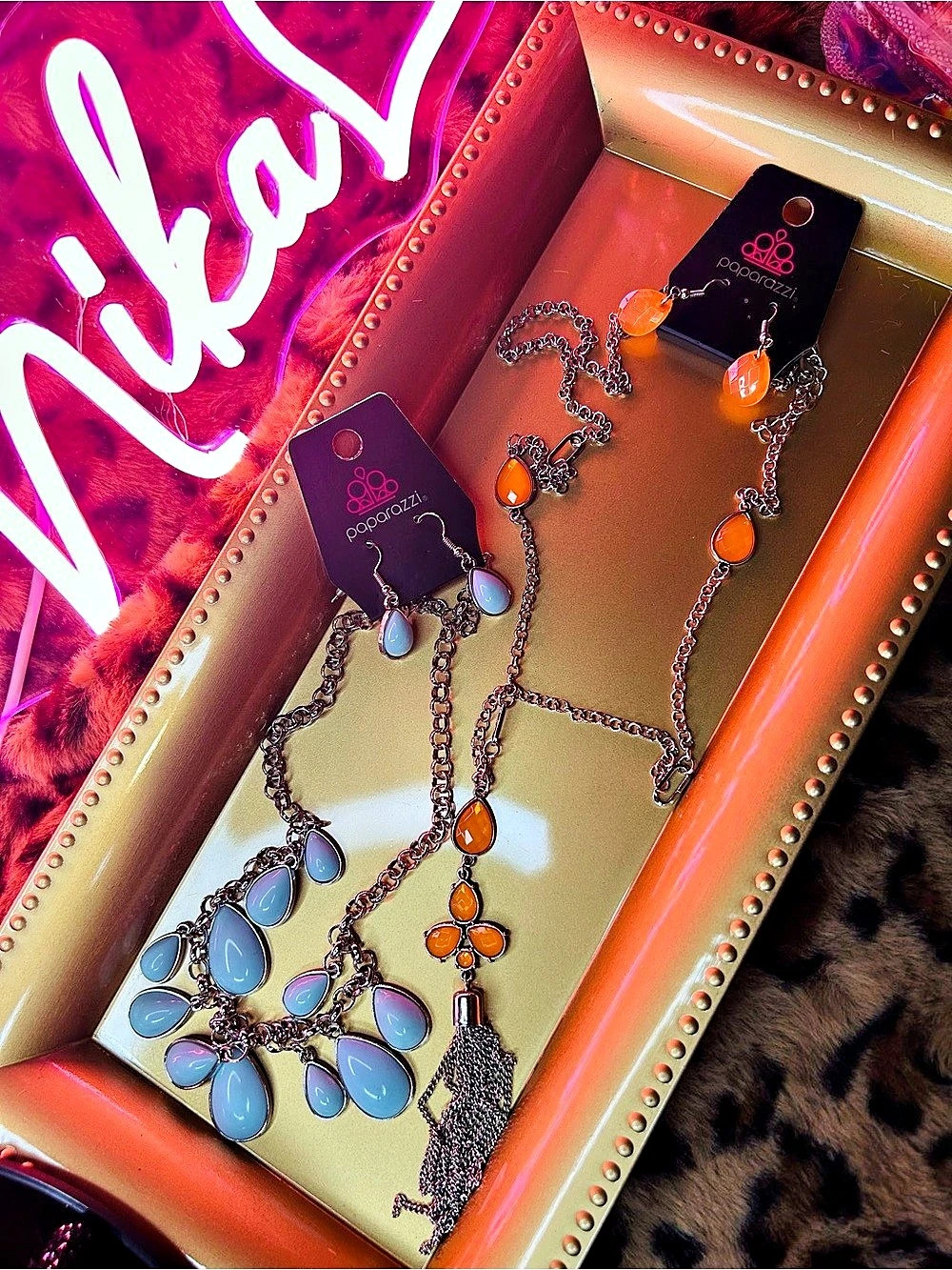 Paparazzi Blue & Orange Statement Necklace Set 2pc